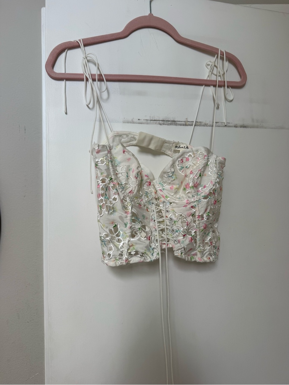 For Love & Lemons Cream Embroidered Corset Crop Top with Pink & Green Accents
